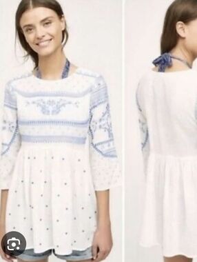 Anthropologie White Tunic with Light Blue Embroidery